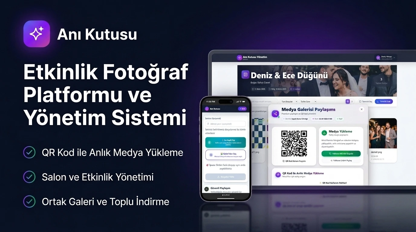 Anı Kutusu tanıtımı: etkinlik fotoğraf platformu ve yönetim sistemi; salon ve etkinlik yönetimi, QR kod ile medya yükleme ve ortak galeri.