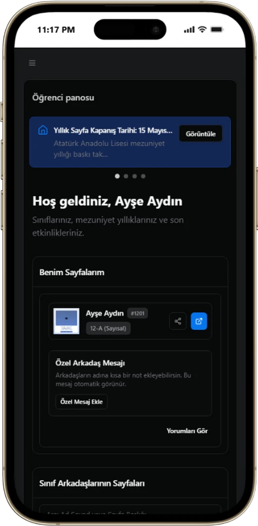 Mezuniyet Yıllığım mobil öğrenci panosu; Ayşe Aydın karşılama ekranı, profil kartı ve duyuru kartı.
