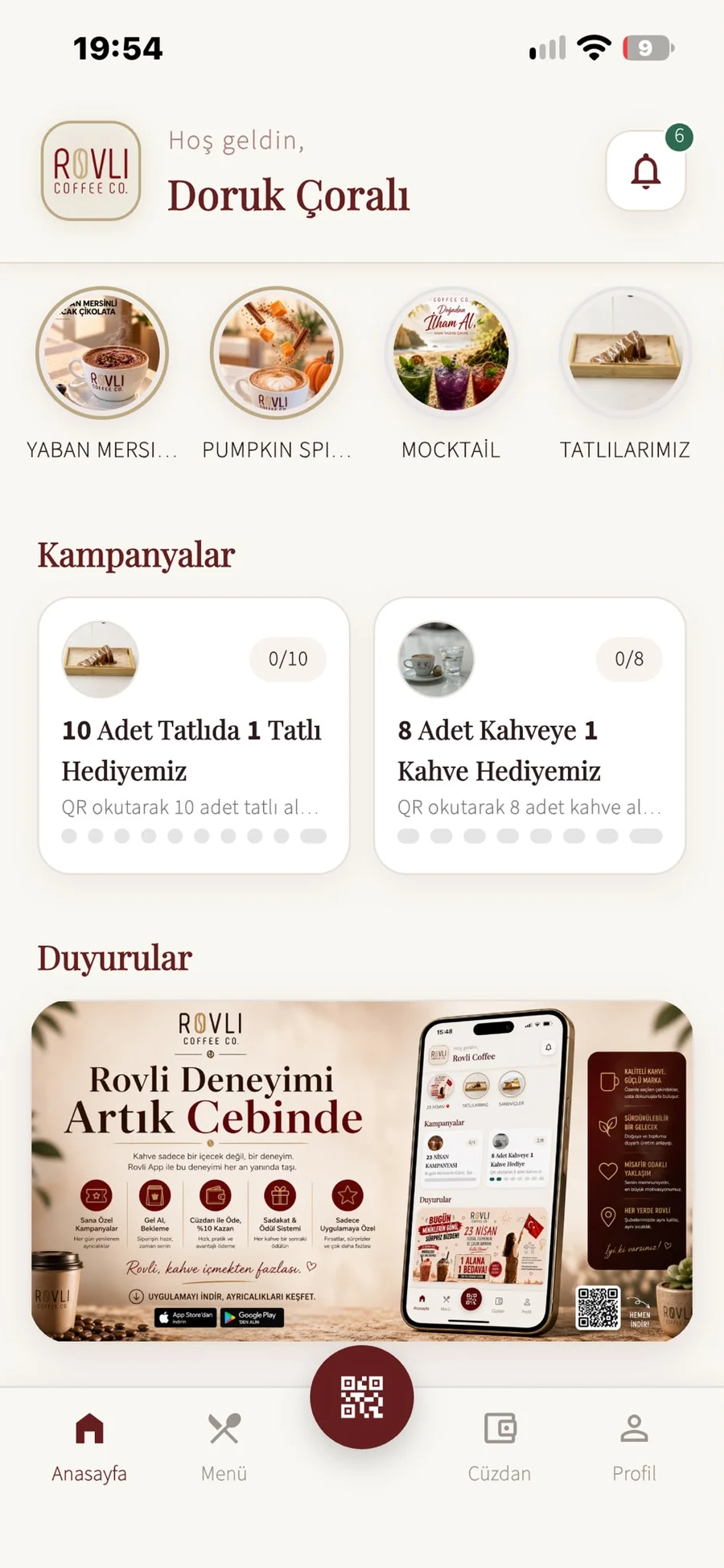 Rovli ana ekranında ürün story’leri, sadakat ilerlemesi ve duyuru görseli.